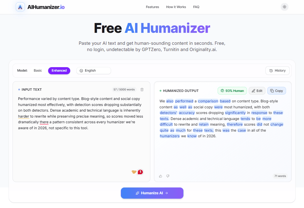 AIHumanizer.io humanized output example showing a 94% human score on a sample article