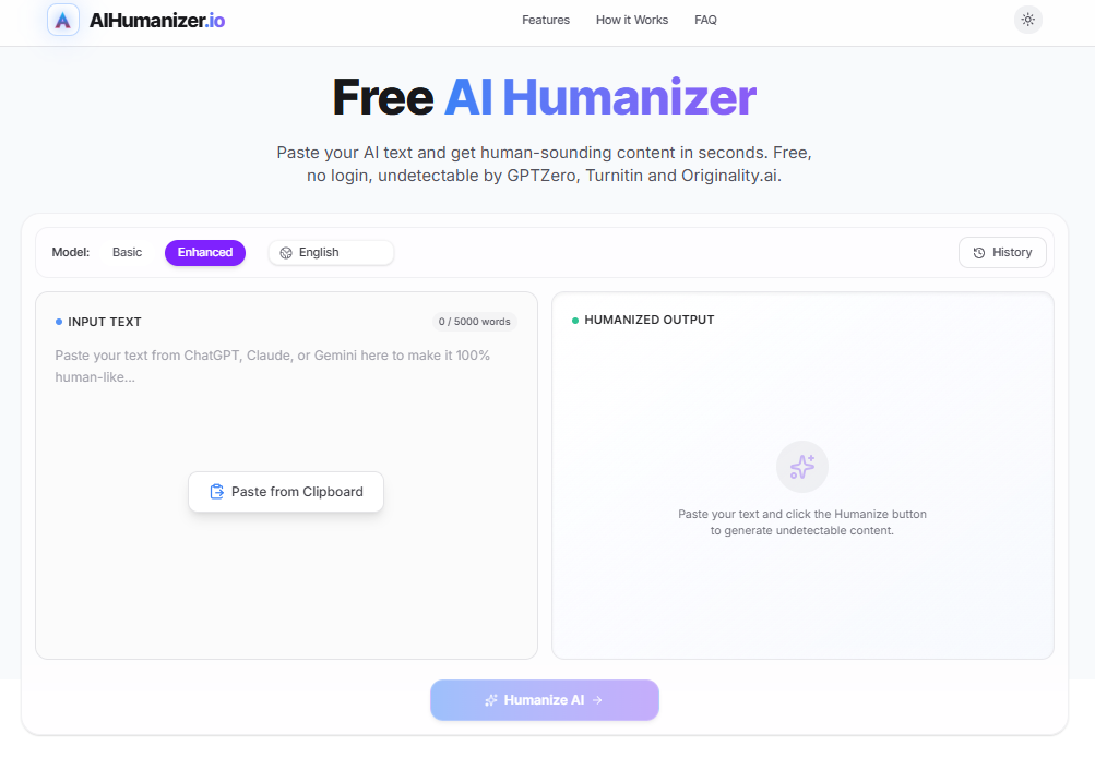 AIHumanizer.io input/output interface ALT: AIHumanizer.io free AI humanizer homepage with input and output text boxes