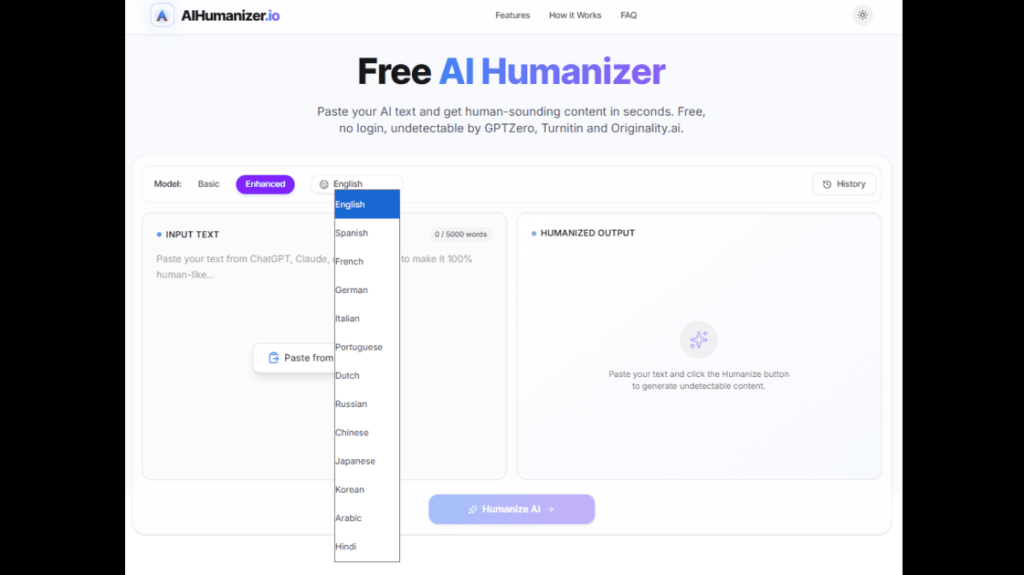 AIHumanizer.io language selector showing 13 supported languages including Spanish, French, and Arabic