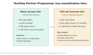 Diagram of YouTube Partner Programme 2-tier monetisation requirements and subscriber thresholds