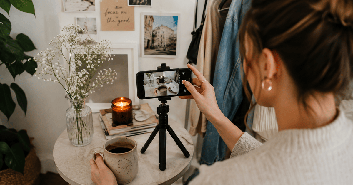 UK lifestyle influencer filming content on a smartphone