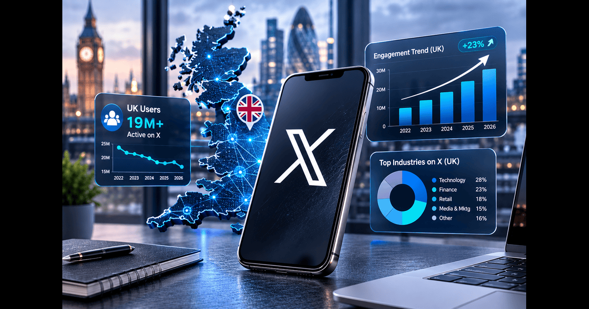 X social media marketing strategy for UK businesses in 2026, featuring a UK map, X logo, user statistics, engagement growth chart, and industry data dashboard