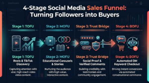 4-stage social media sales funnel diagram turning followers into buyers