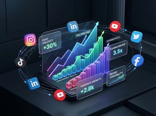 Premium 3D editorial hero image illustrating social media growth tools, analytics dashboards, and marketing metrics for small brands