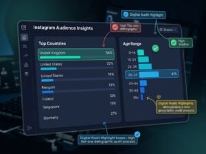 Instagram audience demographics screenshot showing UK and US follower split