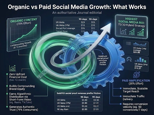 90-day social media growth curve comparing organic vs paid vs hybrid strategy
