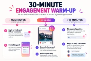 30-minute Instagram pre and post-publish warm-up routine infographic.