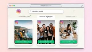 Step-by-step interface mockup showing how to enter a username into an Instagram Highlight viewer and download public Story Highlights.