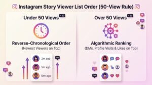 Chart comparing Instagram Story viewer list order under 50 views (chronological) versus over 50 views (algorithmic engagement ranking).