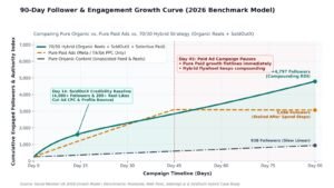 90-day social media growth curve comparing organic vs paid vs hybrid strategy