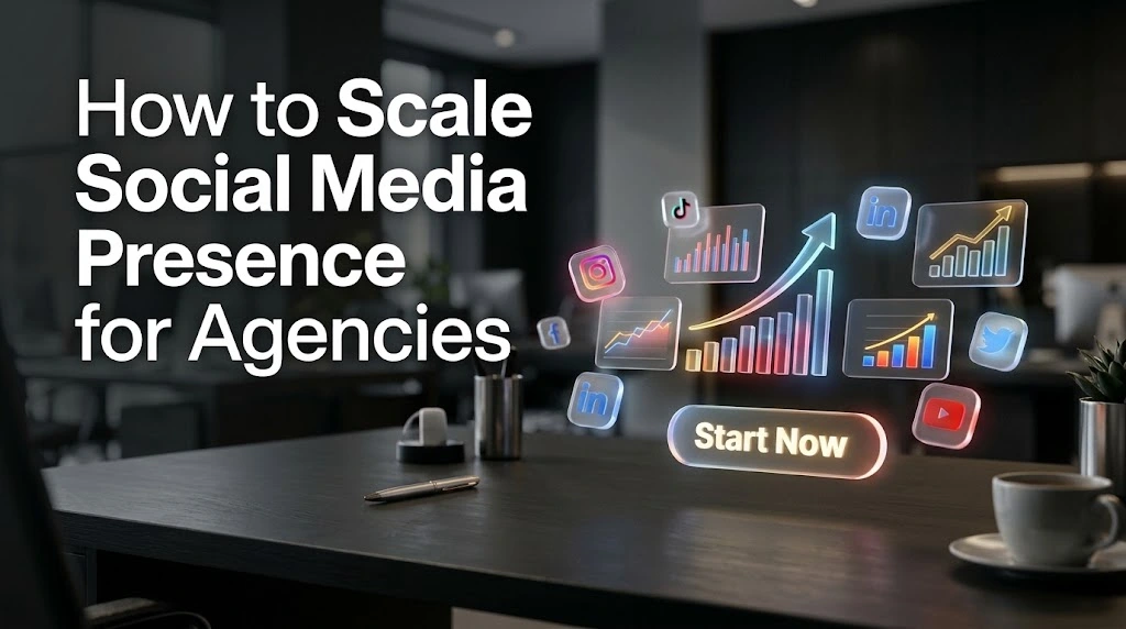 3D floating social media icons and glowing growth charts above a modern dark office desk with a Start Now button, illustrating how to scale social media presence for agencies