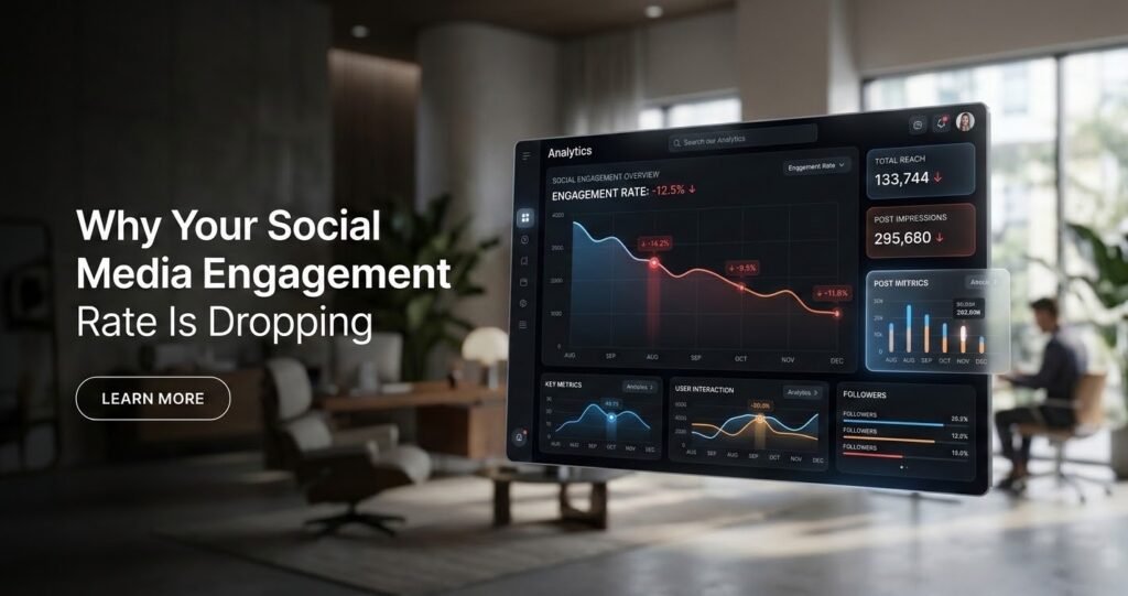 Premium editorial hero image illustrating social media engagement rate analytics and metrics decline