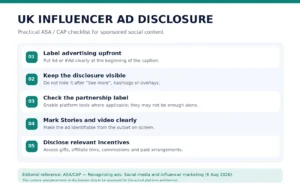 UK ASA influencer advertising disclosure checklist showing Ad labels, paid partnerships and sponsored content guidelines