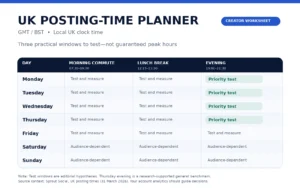 UK social media posting schedule showing morning, lunch and evening engagement testing windows in GMT and BST